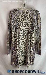 Chico's Women's Brown/Purple Patterned Open Thin Cardigan - Sz L