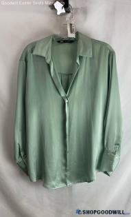 Zara Women's Jade Green Sateen Button Up Blouse - Sz S