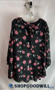 NWT Torrid Women's Black/Pink Floral Patterned V-Neck Tie Blouse - Sz 4