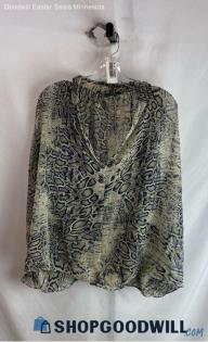 Zara Women's Beige/Black Snack Print Patterned V-Neck Sheer Blouse - Sz XL