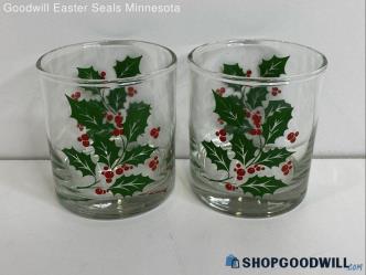 2pc Indiana Glass Holly Berry Old Fashioned Glass Cups