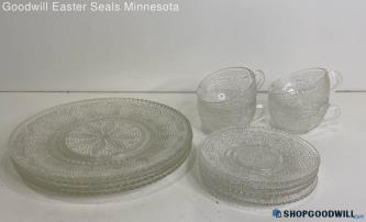 Federal Glass Style 12pc Depression Beaded Clear Glass Plates, Saucers & Mugs