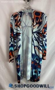 Chico's Women's Blue/Orange Patterned Open Long Sleeve Cardigan - Sz M