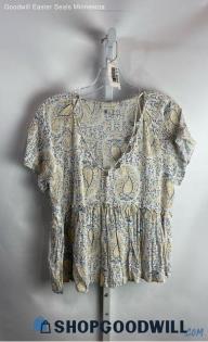 Lucky Brand Women's Yellow/Gray Paisley Patterned V-Neck Cutout Blouse - Sz L