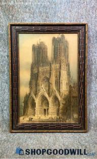 "The West Front Of Rheims Cathedral" James Alphege Brewer Vtg Art Print Framed