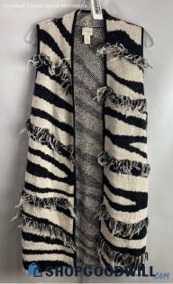 Chico's Women's Black/White Frayed Patterned Knit Open Vest Cardigan - Sz S