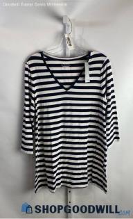 NWT Chico's Women's Navy Blue/White Stripes V-Cut Blouse - Sz M /1