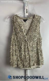 Lucky Brand Women's Beige/Taupe Patterned V-Neck Smocked Tank Top - Sz M