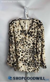 Chico's Women's Tan/Brown Leopard Sheer Gauze Texture V Neck Top - Sz 3P