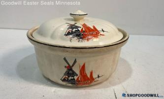 Crown Pottery Covered Casserole Black Windmill & Red Sailboat Ovenware