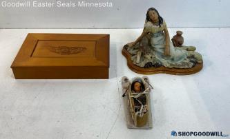 Native American Woman & Child Figurines & Native Alaskan Design Wooden Box