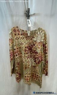 Chico's Women's Tan/Burgundy Watercolor Patterned V Neck Top - Sz XL