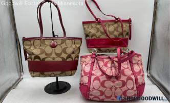 Lot Of 3 Coach Signature Pink/Khaki Jacquard Canvas Totes/Shoulder Bags