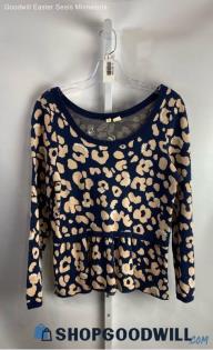 Moth Women's Navy Blue/Tan Floral Print Pullover Sweater - Sz M