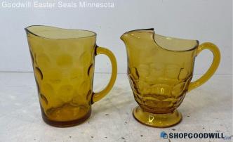 2pc Amber Colored Glass Thumbprint & Circle Textured Pitchers