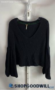 Free People Women's Black Ribbed Loose Knit Bell Sleeve V-Neck Sweater - Sz M