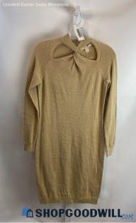 NWT Michael Kors Women's Gold Shimmer Long Sleeve Twist Neck Dress - Sz XS