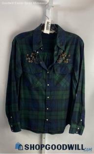 Zara Women's Blue/Green Plaid Beaded Neckline Flannel Shirt - Sz S