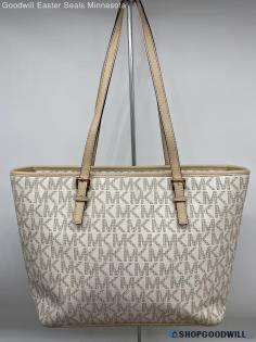 Michael Kors Monogram Leather Ivory/Beige Tote Shoulder Bag Womens Handbag/Purse