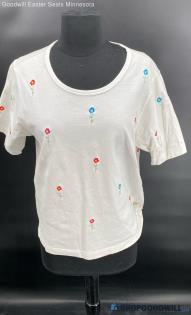 Denim & Company Women's White Cotton SS shirt w/Embroidered Flowers - Sz L