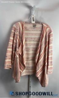 Chico's Women's Pink/Lavender Textured Fringe Trim Open Cardigan - Sz L