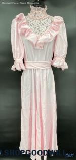 Vintage Women's Pink Lace Illusion High Neckline Belted Formal Dress