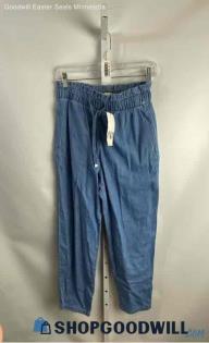 NWT Zara Women's Blue Chambray High-Rise Pull-On Slim Straight Pants - Sz S