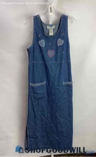 True Blue Women's Blue Medium Washed Embroidered Patch Denim Overall Dress sz M