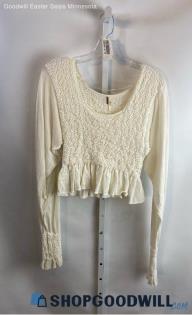 Free People Women's Ivory Knit Cropped Textured Shirt - Sz M