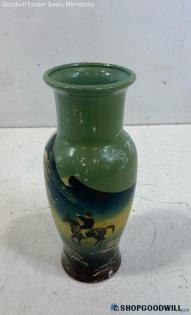 Unlabeled Green Ceramic Hand Painted Horse & Rider Vase