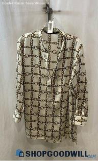 Zara Women's White/Brown Long Sleeve Quater Button Shirt - Sz L