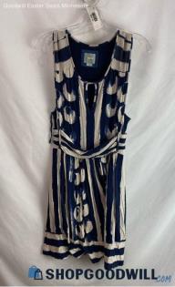 Anthropologie Women's Navy/Ivory Patterned Tie Ruched Waist Shift Dress - Sz M