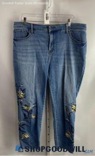 Chico's Women's Light Blue Floral Embroidered Calf Girlfriend Ankle Jean - Sz 16