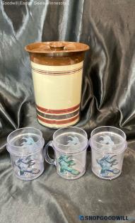 Vintage Thermos Serv Bird 3 Plastic Cups + Thermos Serv Pitcher W Lid