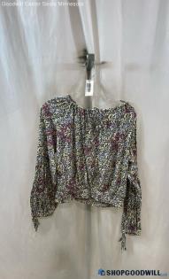 Lucky Brand Women's Ivory/Purple Floral Cropped Long Sleeve Top - Sz M