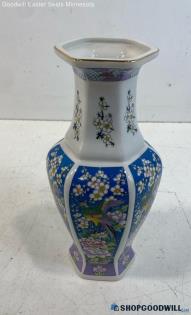 Miyako Japan Floral & Bird Pattern Blue & White Vase 5" Dia X 10" H