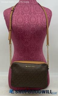 Michael Kors Signature Jet Set Brown Crossbody Coated Canvas Saffiano Leather