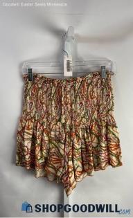 Zara Women's Orange/Green Smocked High Rise Shorts - Sz S