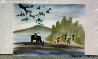 Vietnam Water Buffalo Farming Signed Original 13"x9" Landscape Textile Painting