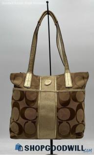 Coach Signature Stripe Khaki/Gold Jacquard Canvas Tote Handbag/Purse