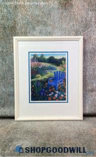 "Blue Chair" Nancy Spaulding Signed 22/100 Garden Flowers Field Print Framed Art