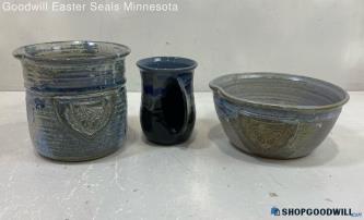 3 Hand Made Rustic Glazed Blue-Gray Stoneware 8" Bowl/6" Crock & Cozy Mug