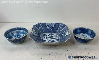 3pc Blue White Asian Theme Porcelain Like Bowls & Square Bowl