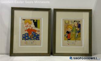 Pair Matted & Framed Ruth E. Newton Nursery Rhyme Illustration Prints PICKUP