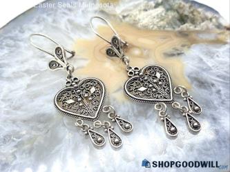 .925 Vintage DGS Filigree Dangling Hearts Earrings 6.30g