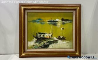 Junk Boat Harbor Scene 16x20" Matted & Framed Canvas Painting Artist Signed