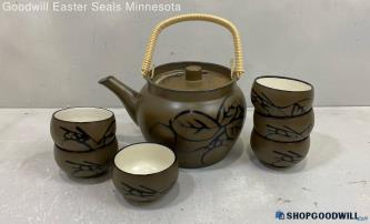 Japanese Style Stoneware Teapot & 6 Cups Taupe Color Glaze W/Black Design