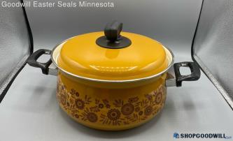 Vintage Unbranded Yellow/orande Flower Double Handles Sauce/dutch Pan Cookware