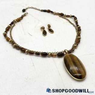 Vintage Gold-Tone MONET 2-Strand Tigers Eye Necklace & Earrings Set