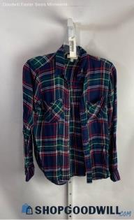 Lucky Brand Women's Navy/Red Plaid Long Sleeve Button Up Flannel - Sz XS